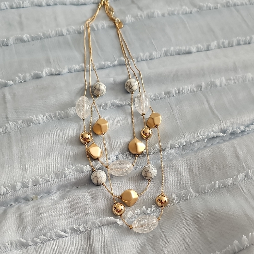 Gold and White Double-Strand Necklace with Crystal Beads
